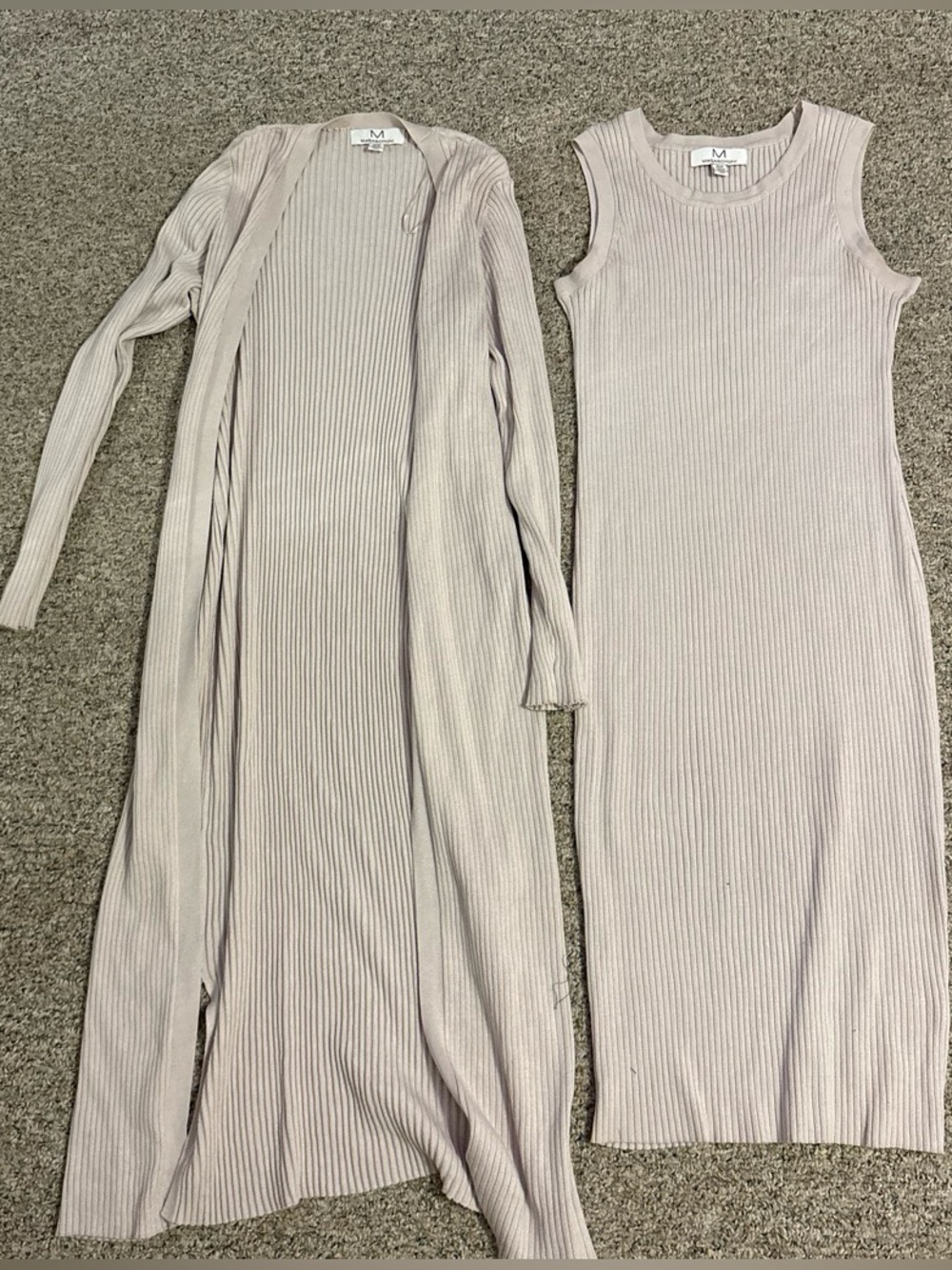 Ribbed Maxi Cardigan & Tank Dress Set in Light Taupe - M